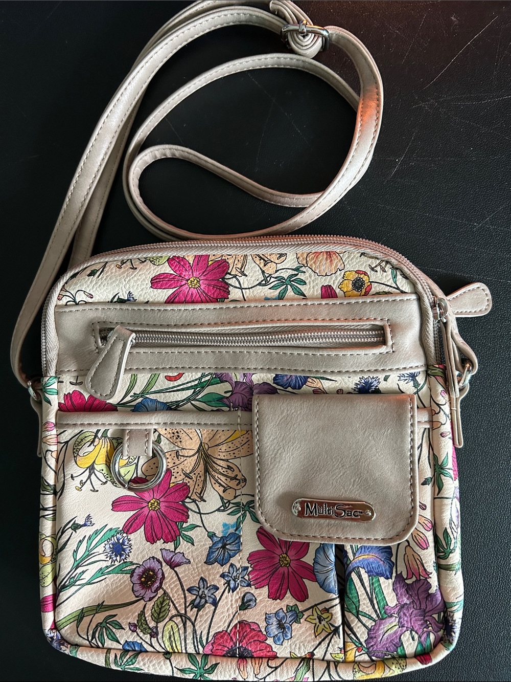Multi Sac Floral Crossbody Bag in Cream with Pink & Purple Flowers